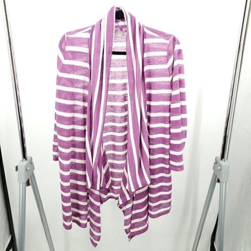 J. Jill 100% Linen Stripe Open Cardigan L White/Purple